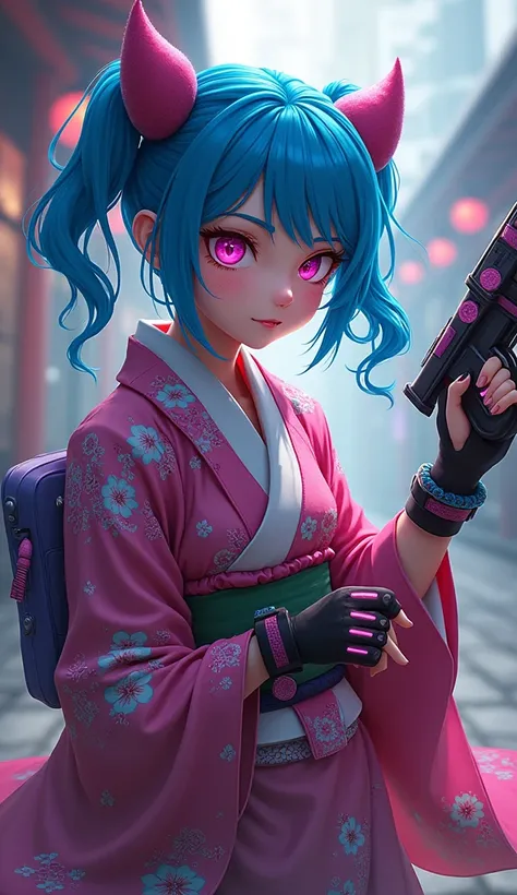 Create an anime character inspired by Jinx from League of Legends, with vibrant blue hair and expressive pink eyes. Dressed in a traditional Japanese kimono, she wields two chaotic weapons—such as a rocket launcher and a zap gun—adorned with intricate patt...