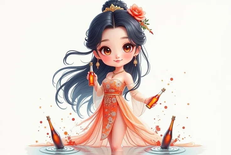 chibi, 3d_rendering, Oriental beautiful girl, White transparent real-life painting, Colorful water splash rendering, messy strokes,Sketch reinforcement, sketching, colored pencil drawing, intensify pencil strokes, Chinas finest translucent silk dress, Ador...