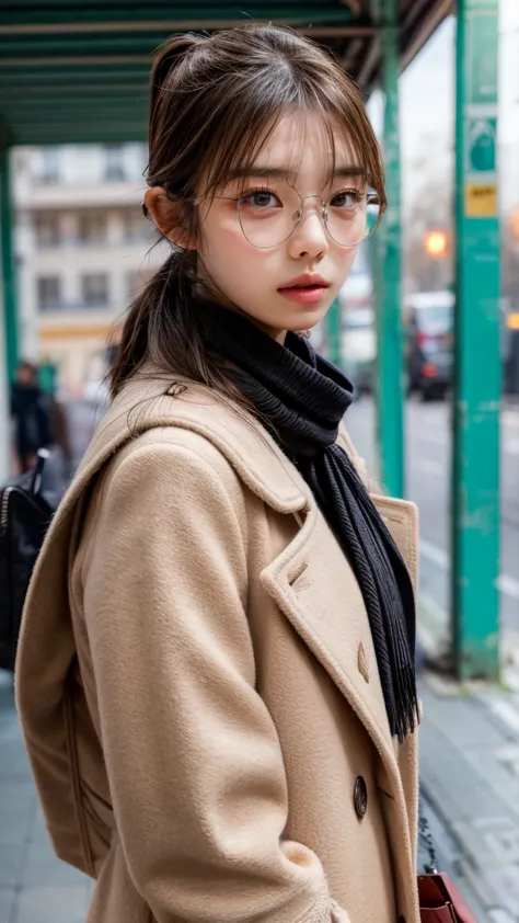 ponytail, white scarf ,wear a dark brown coat, seductive lips ,  lip gloss, seductive lips, 艶やかな  lip gloss, , ((  eyes staring ...