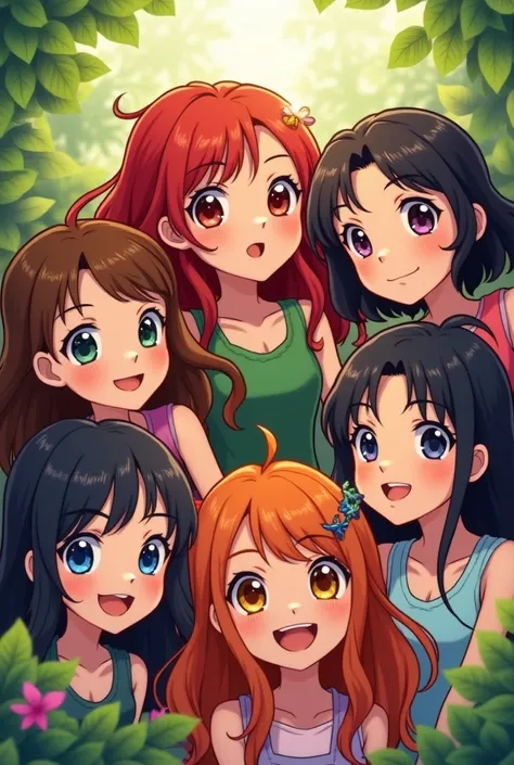 Five girls with hair colors: two brown, one red and two black hair.