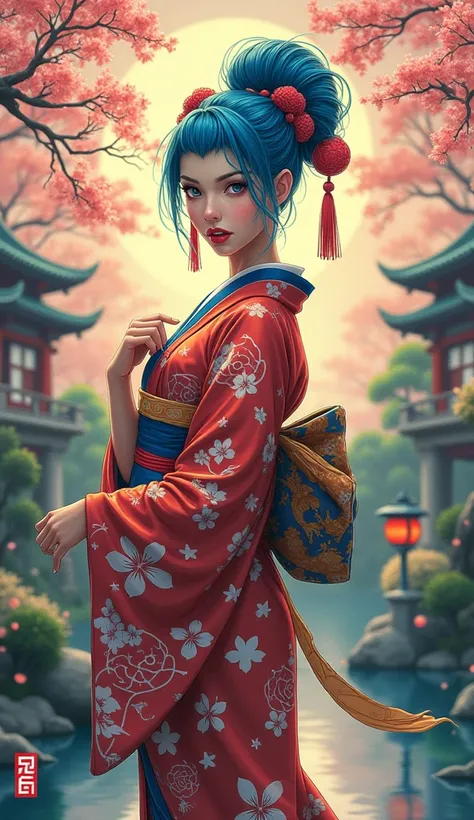 Create an artwork of the character Jinx from League of Legends in a traditional Japanese style. Depict Jinx with her signature blue hair styled in a traditional Japanese hairstyle, such as a geishas elaborate updo or a samurais topknot. Dress her in a colo...