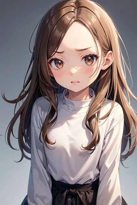  1 girl,  high resolution on down, Best Quality, Long Hair,  light brown hair, Straight Hair, Forehead，Slanted Eyes,  simple background ,  gray sweatshirt with a funny face，Bad mood,  Beautiful Older Sister，Show your amount， attractive lips 