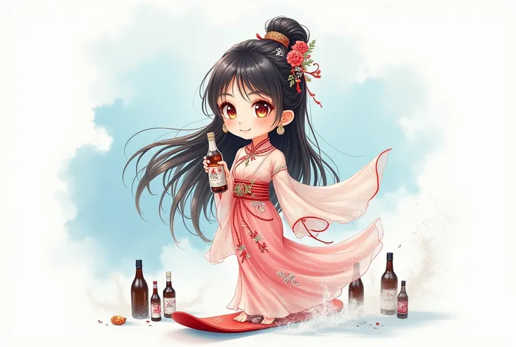 chibi, 3d_rendering, Oriental beautiful girl, White transparent real-life painting, Colorful water splash rendering, messy strokes,Sketch reinforcement, sketching, colored pencil drawing, intensify pencil strokes, Chinas finest translucent silk dress, Ador...