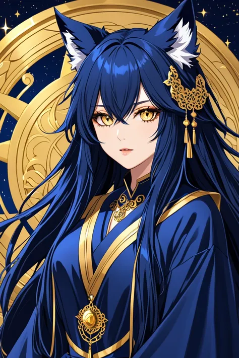 female with long midnight blue hair, wolf ears, gold eyes