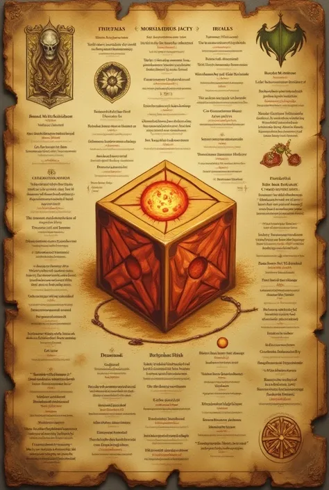 DnD Art. An image in a yellowed old book, faded colors, almost no colors, drawing: magic spells fireball. inscriptions and text.  The image of the D20 cube. The sheet is covered with spells and pictures. The entire image fits entirely on one page of the bo...