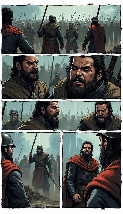 "Storyboard, Comic book panel layout with white border, Multiple views, Immersive, Go Pro, Action Pose, 6 panels ""Scene of Vlad’s soldiers finding new strength as they fight with vigor, pushing back the enemy forces. Their faces display a mixture of exhau...