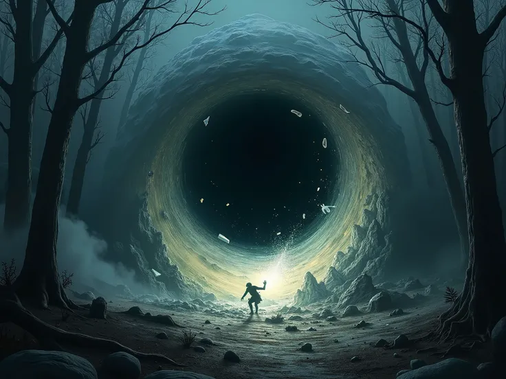 black hole destroying and pulling everything into itself, surrealist, darkness, dark fantasy, dramatic light, by Aitor Throup, forest at nigh