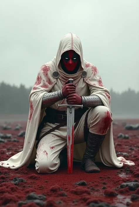 Create a version of Deadpool as a Knight Templar in white robes covered in blood on his knees with his sword stuck in the ground and with his hands clasped over the handle of the sword alone on a battlefield.