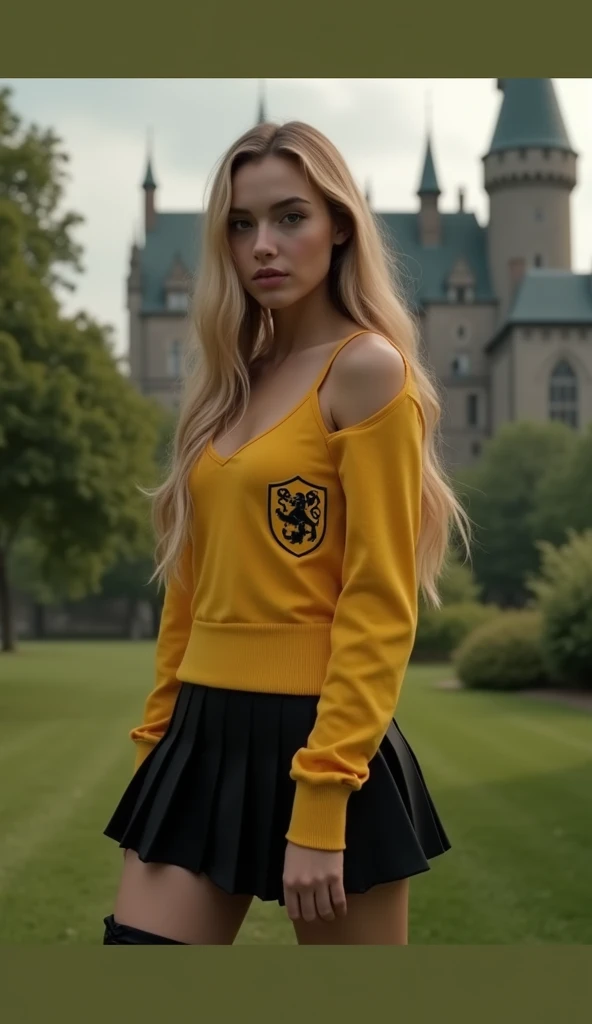 a beautiful girl, honey eyes, long blonde hair, small waist, big butt, wearing Hufflepuff uniform, skirt, boots, Hogwarts background, sexy, beautiful, pretty, realistic, 1girl, detailed face, detailed eyes, detailed lips, long eyelashes,  high quality, 8k,...