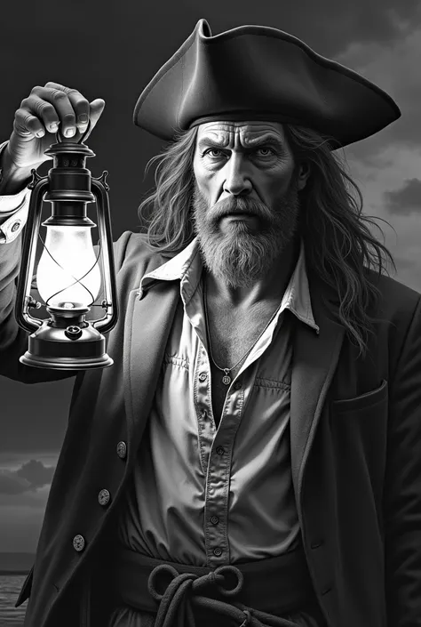 Hyper realistic black and white drawing of a bearded pirate holding a light