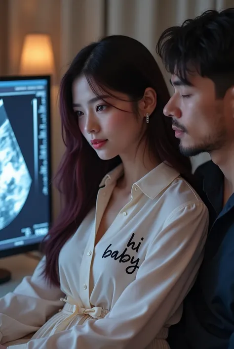  a prenatal ultrasound clinic, two couples present. A young Korean woman with red dark burgundy hair, named Jenny, 20 years old, with super straight, long, and shiny hair, gloss lips, highlighter, and seductive eyes wearing a white blouse with HI BABY writ...