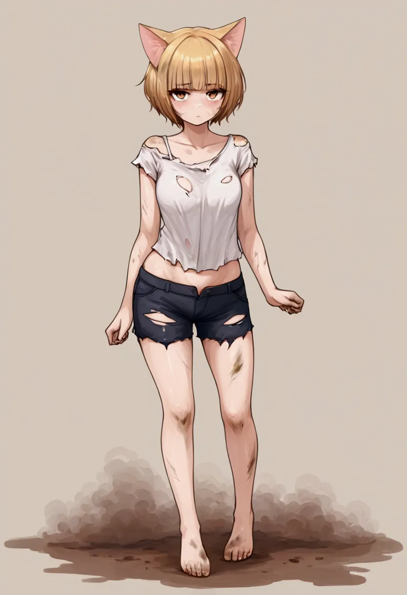 a cat girl,    big and strong very strong   ,   short hair with bangs,white,face dirty with dust,  short clothes, ripped and tor...