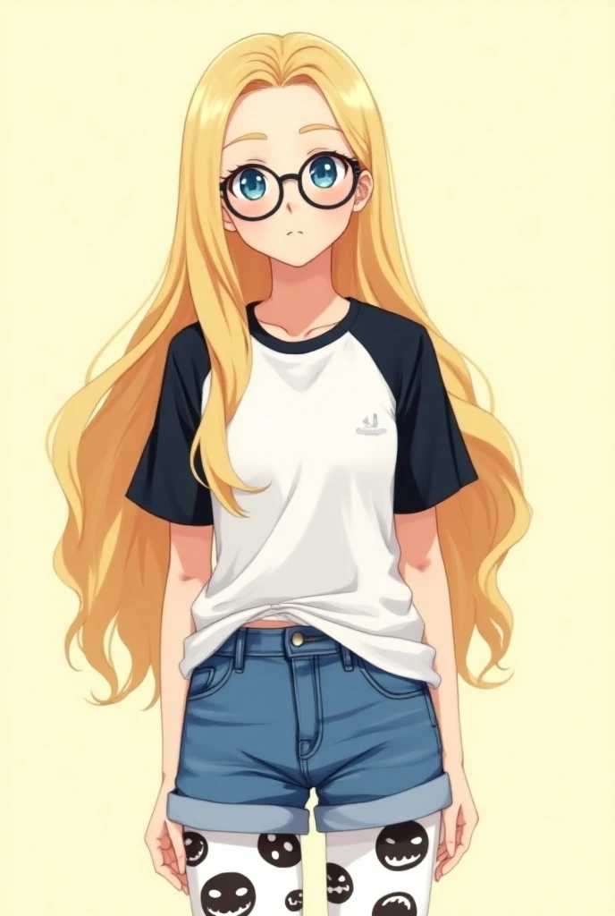 Anime girl with long light blonde hair with thin black lenses wearing a t-shirt with black shoulders and in the middle white with jeans and white tights with black emojis 