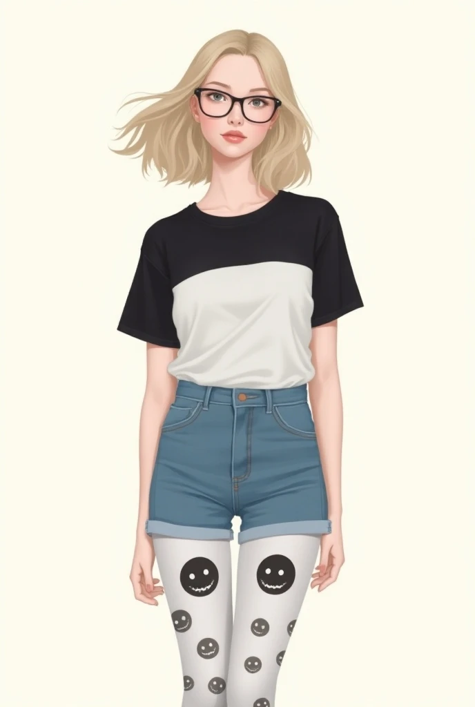 Aesthetic drawing of a girl with long light blond hair with thin black lenses wearing a t-shirt with black shoulders and in the middle white with jeans and white tights with black emojis 