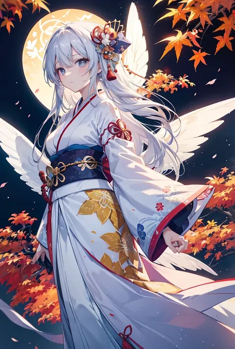 “A beautiful anime-style character with long silver hair, dressed in a traditional Japanese kimono adorned with intricate patterns. She has delicate, ethereal angel wings extending gracefully from her back. The character stands with a warm and gentle expre...