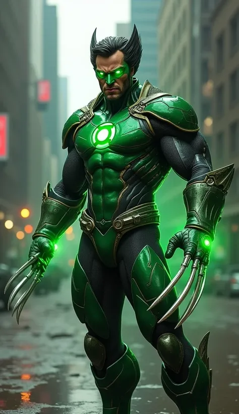 Give me a hybrid between DCs Green Lantern and Wolverine,  Realist in costume  , Lots of details of the realistic two 