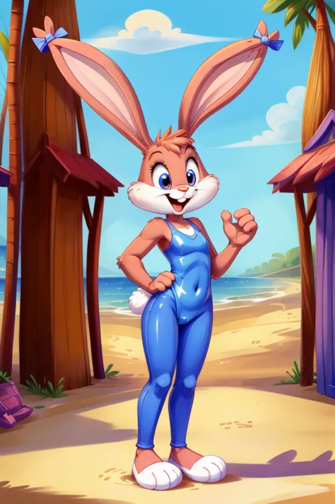 rabbit is a full-length cartoon girl slim skinny in a blue tight lycra swimsuit on the beach with a happy face, big feet, bows o...