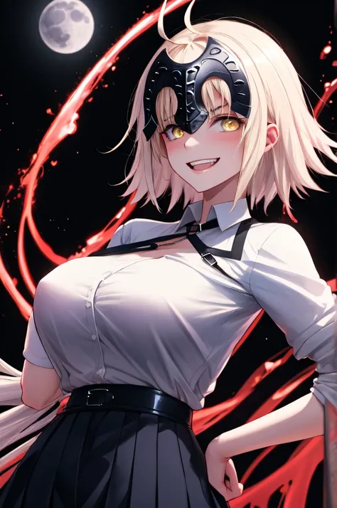 masterpiece, best quality, CG, wallpaper, HDR, high quality, high-definition, extremely detailed, jalter, looking at viewer, upper body, hands on hips, disgusted, looking down,white shirt skirt,gorgeous shirt,pinksilver hair,shirt hair,smile,jeanne dArc Al...