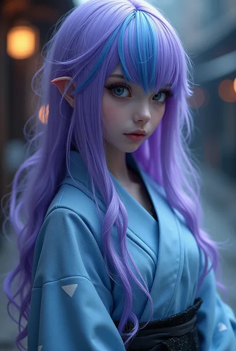  purple long hair that hides the waist　Two-color purple and blue hair 　 turn a section of ones bangs blue blue blue with blue highlights on the bangs　 part of the bangs is light blue 　Dark Eyes　Sharp, Cool Eyes 　Light blue haori coat　Blue coat with white t...