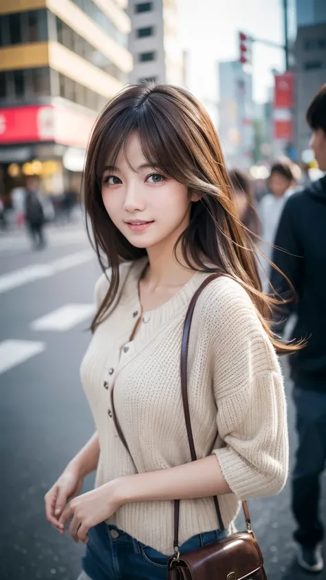 highest quality、genuine、Super detailed、finely、High resolution、8k wallpaper、one beautiful japanese woman Walking  through the scramble intersection.、light brown disheveled hair、sharp focus、perfect dynamic composition、beautiful and detailed eyes、thin hair、De...