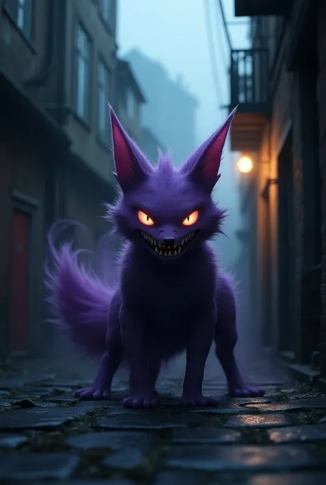 Gengar: A mysterious, shadowy fox-like creature with ghostly purple fur and an eerie grin, lurking in the dark alley of a foggy city. Its eyes glow ominously, giving off an unsettling yet enticing aura.Parameters: --ar 9:16 --style raw --stylize 700 --v 6....