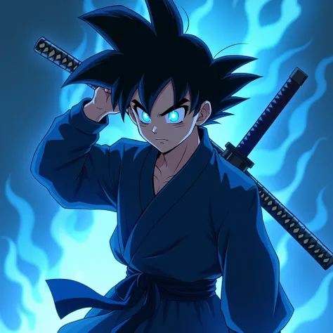  boy with katana on his back, by the blue, Flaming blue eyes like Goku,  black clothes with blue , high resolution, with a black karate ribbon 