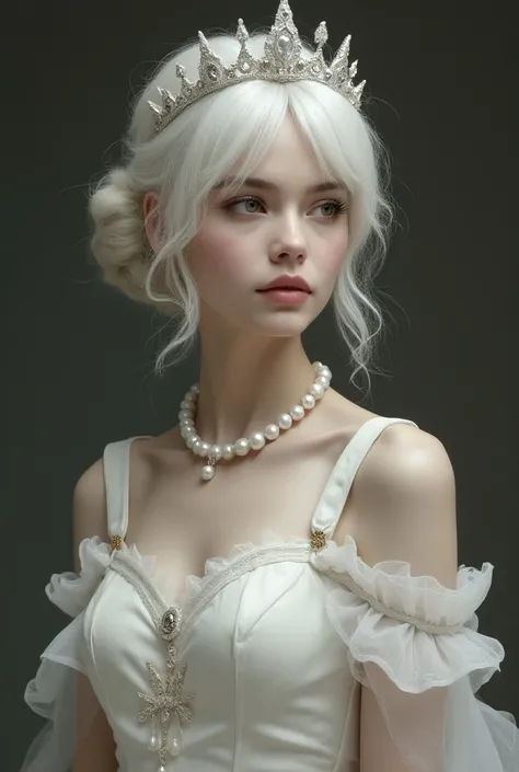  a white woman with a large tiara adorned with pointed jewels at the end of each one ,  behind your platinum hair in the shape of a bun with some loose bangs,  she wears a white dress with shoulder straps and a heart neckline connected with the pearl neckl...