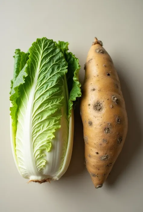 A realistic image showing a fresh green cabbage placed next to a cassava root on a neutral background. The cabbage has vibrant green, layered leaves with detailed veins, and the cassava root has a rough, earthy brown skin with natural textures. The two veg...