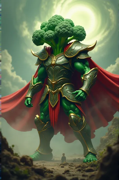 Broccoli in armor and red cape fighting