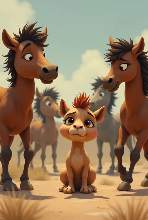 A baby camel SAD and shrunken because ANGRY baby horses surround him and are giving him animated bullying for ren 