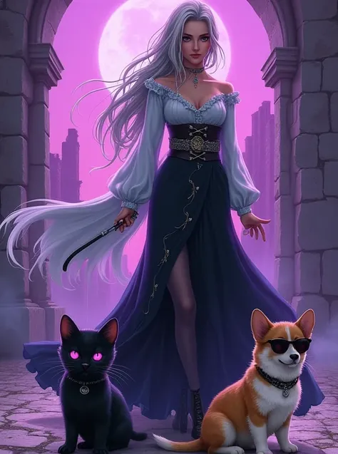   A long, silver-haired woman in western style and a 、Cute black cat、 in gothic western style 、 cute sunglass corgi dog with a purple background in front of an ancient ruins in anime style 、 cute corgi dog in sunglasses with purple background in front of a...