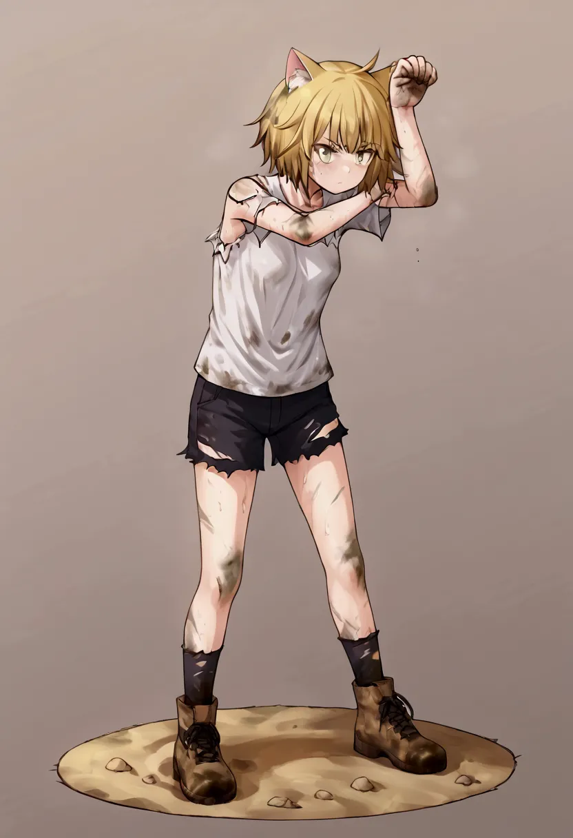 A Cat Girl,    big and strong very strong  ,   short hair with bangs,White,face dirty with dust,  short clothes, Ripped and torn .      full body   ,  Ataca pose 