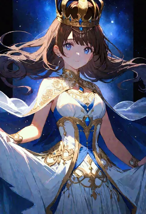 A beautiful anime girl with long, flowing brown hair, a regal crown, and a serene expression.  She wears a magnificent, ornate white dress with gold embellishments and a hint of navy blue accents.  The details of the bodice and skirt are intricate and deli...