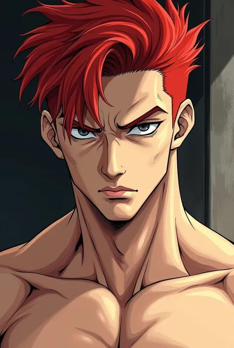 a light-skinned man, black eyes, Red hair serious shirtless manga style expression