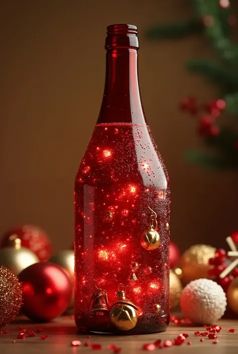 I want you to create a red bottle for me and for this bottle to be decorated with Christmas ornaments and I want it to look homemade