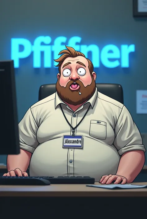 Create an image of an anime-faced white man sitting in front of a computer in an office,  this man is white with his hair brushed to the side , He has a beard and some male organs hanging from his mouth, He has a badge with the name Alexandre and behind hi...