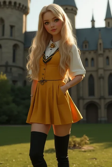 a beautiful girl, honey eyes, long blonde hair, small waist, big butt, wearing Hufflepuff uniform, skirt, boots, Hogwarts background, sexy, beautiful, pretty, realistic, 1girl, detailed face, detailed eyes, detailed lips, long eyelashes,  high quality, 8k,...