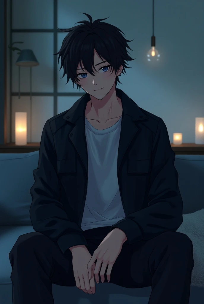 Anime guy sitting around with cool black hair game