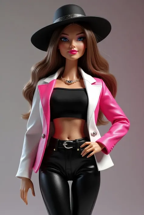 Barbie plus size 18 fair skin long wavy brown hair with a black hat a white blazer in many colors with a black crop top underneath, black leggings and black ankle boots with shiny silver and fuchsia lips 
