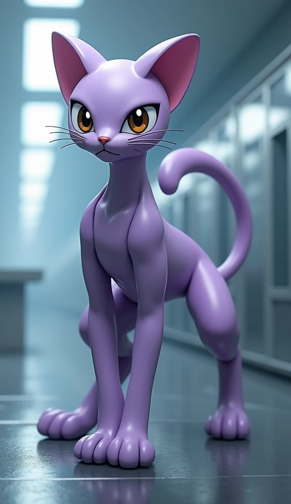 Mewtwo: A sleek, otherworldly panther-like creature with a smooth, lavender coat and a piercing, intelligent gaze. It stands in a lab setting, exuding an aura of power and mystery, its tail swishing behind it.Parameters: --ar 9:16 --style raw --stylize 700...