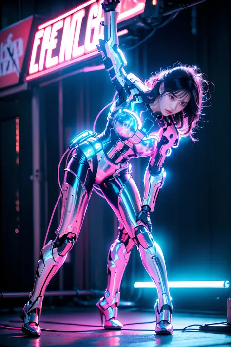 masterpiece, best quality,
1girl,ives girl,Mecha,beautiful lighting,(Neon Light:1.2),(Night:1.5),Bent knee, combat pose