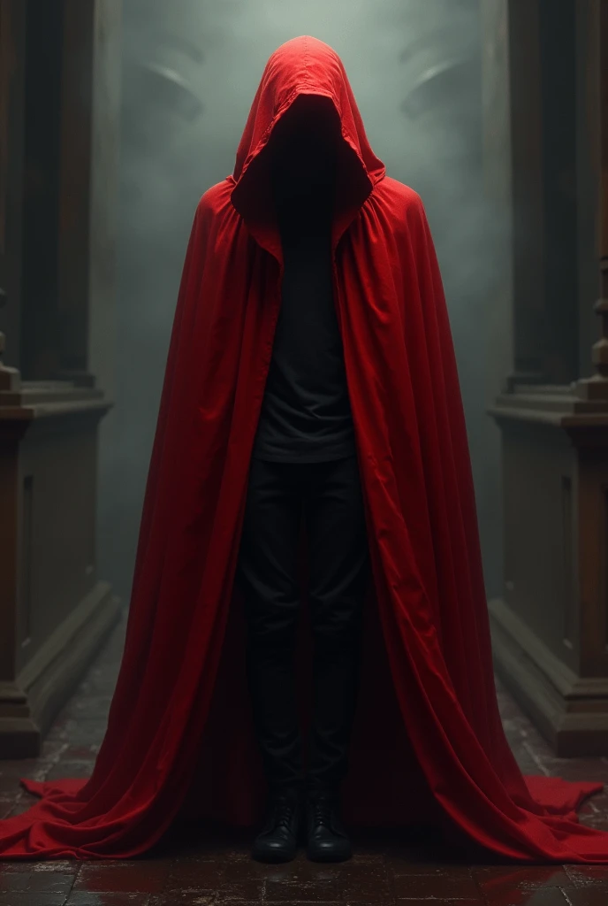 a person whose face cannot be seen and is covered with a red cloak 