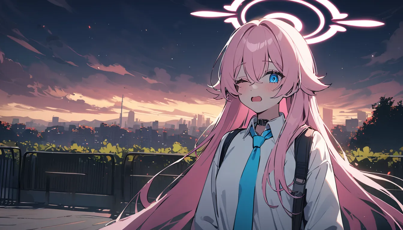 masterpiece,  Top Quality , very aesthetic , absurd,1 woman,Hoshino_(Blue_ storage ),Pink_ hair ,Alone, Dichroism ,White_shirt,long_ hair ,Blue_eye,canine,Blue_tie,Ahogeo,Yellow_eye, perfect face _~to_viewer, collar_shirt,outdoors, hair _between_eye,high_b...