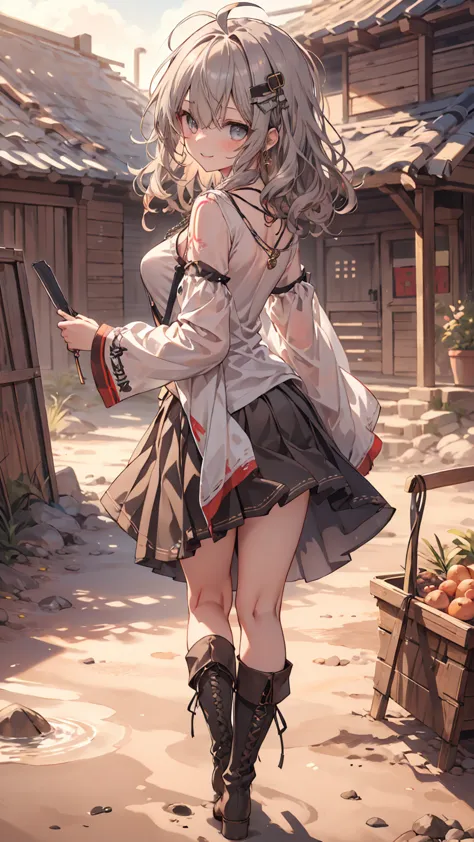 masterpiece, 1 girl, sparrow, a grey haired girl, wearing a medieval villager clothes, curly medium hair, messy hair, slim body,...