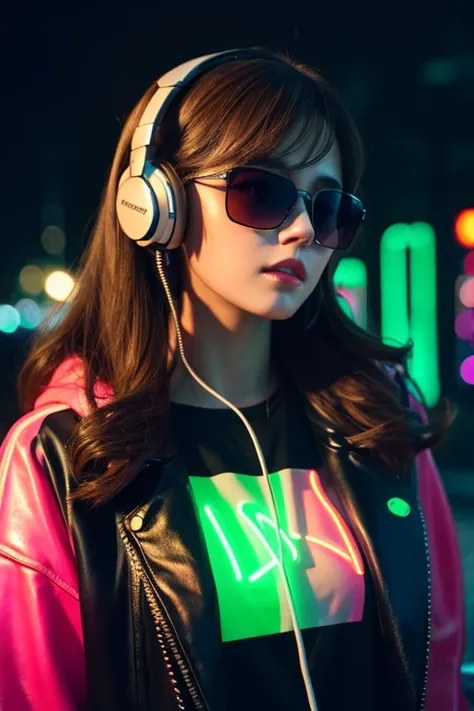 Brown Hair .  beautiful woman with curled hair and sunglasses 、 wearing large headphones - earpiece or surround、Dark Room、Neon Cyberpunk at night 、 coordinator Neon Glow 