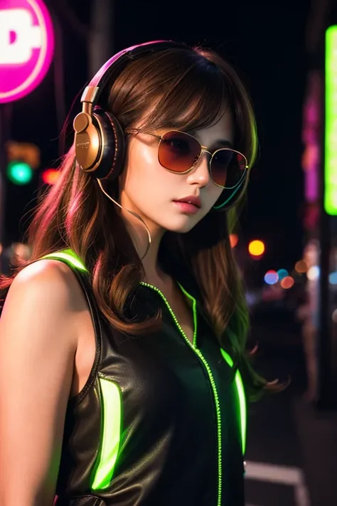 Brown Hair .  beautiful woman with curled hair and sunglasses 、 wearing large headphones - earpiece or surround、Dark Room、Neon Cyberpunk at night 、 coordinator Neon Glow 