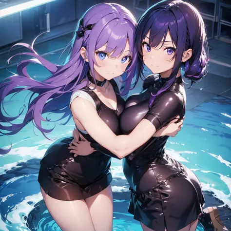 2girls, anime, hi-tech, advanced technology, silicone suits, complex screens, perfect anatomy, both of them with purple hair, hair in between blue eyes, purple eyes