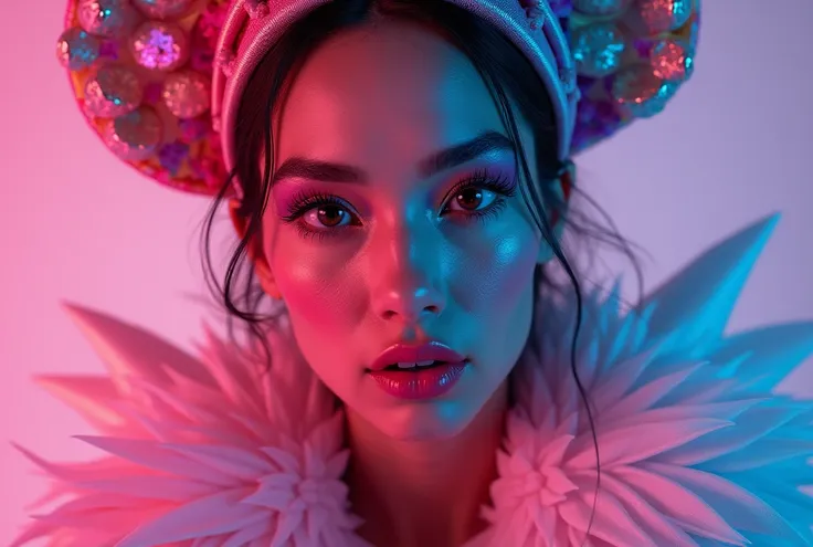 a woman with neon makeup and a headdress , transgressive art, sharp focus, 8 mil, octan render , saturated colors, pastels colors