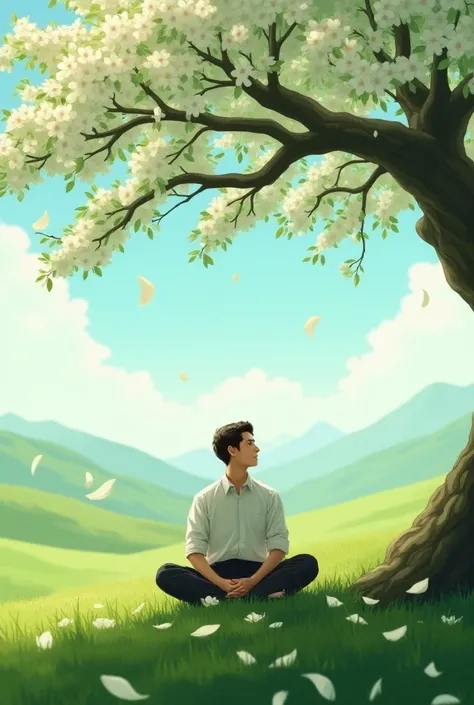 Man sitting under a white apple tree 