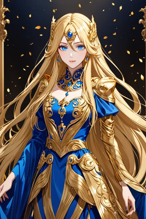 female with long gold hair, blue eyes